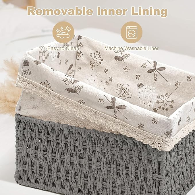 Wicker Storage Baskets, Handwoven Paper Rope Organizer Bins with Removable Floral Liner, Large for Bathroom, Pantry, Shelf, Countertop, Closet (Gray, L)