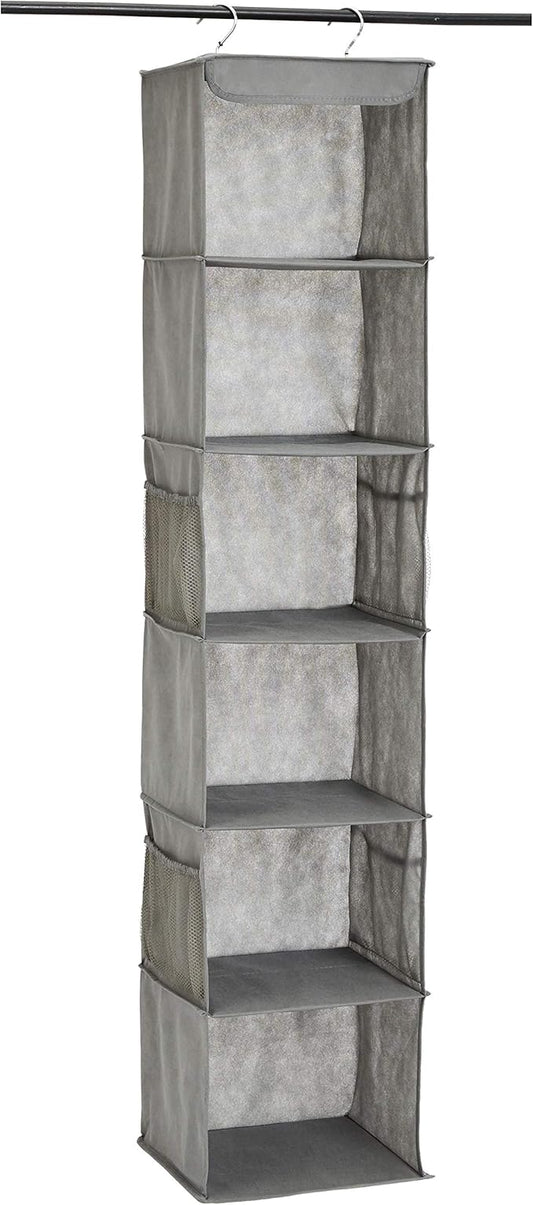 Amazon Basics 6-Tier Hanging Closet Shelf Organizer with Pockets, Clothes Storage for Sweaters and Clothing, 12" W x 9" L x 8.5" H, Grey | Organizer