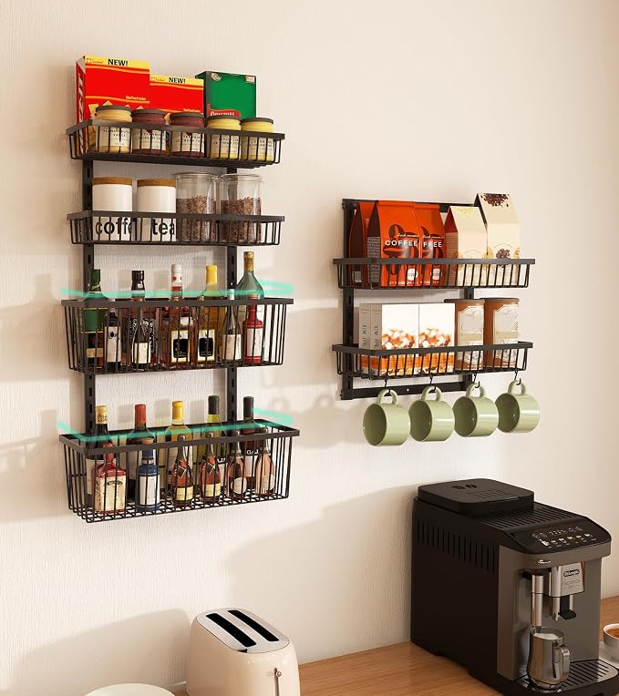 Mefirt Over The Door Pantry Organizer, 6-Tier Black Deep Baskets | Pantry Hanging Organizers and Storage, Adjustable Heavy-Duty Metal for Home & Kitchen, Back of Door Seasoning Rack