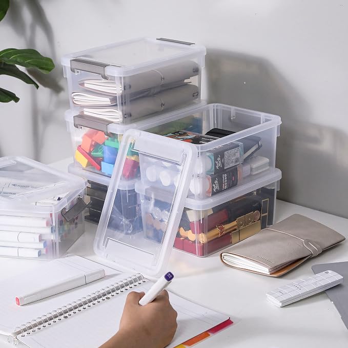 Small Storage Bins with Lids 3.2 QT Plastic Storage Containers for Organizing Stackable Clear Storage Boxes,Clear White(6 Packs)