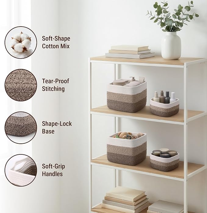 5-Pack Storage Cubes Woven Rope Baskets, 2 Sizes Organizer Bins | Ideal for Closet, Shelf, Bookshelf, Nursery, Changing Table, Cube Storage Bins, Storage Baskets for Bathroom Toy & Home