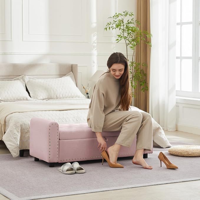 48" Ottoman with Storage, Tufted Storage Ottoman Bench, Convenient Living Room Fabrics Bench Seat, Entryway Shoe Benches with Inner Zipper & Arm, Upholstered Window Seat Ottomans with Rivets,Pink