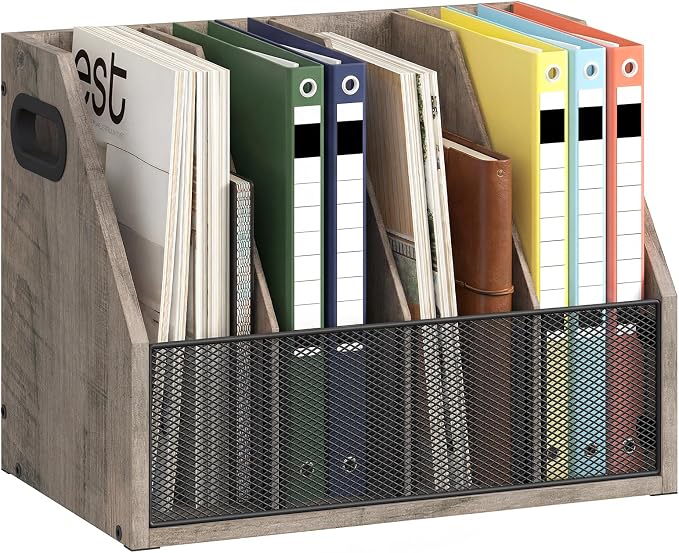 Wooden Desktop File Organizer with Removable Dividers, Mesh Front Panel for Paper, Mail, Magazine, Home Office Desk Storage, Easy Assembly, Greige MWJ06FH