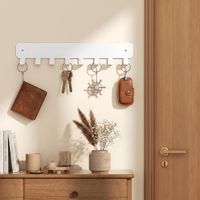 pickpiff Key Holder Wall Mount, Adhesive Key Rack with 8 Hooks Hanger for Car Key Ring, Metal Key Chain Organizer, White 1 Pack