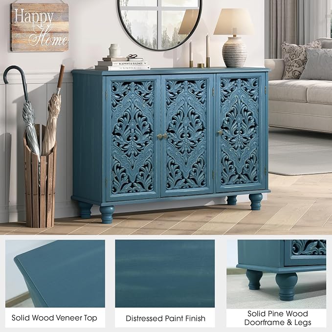JOINICE 42.5" Accent Storage Cabinet with 3 Carved Doors,Mandala Blue | Versatile Storage for Living Room/Dining Room/Bedroom/TV Stand, Solid Wood Legs, Farmhouse/Rustic Style, Adjustable Shelf