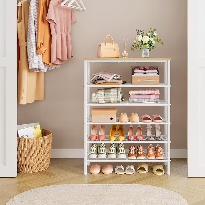 6 Tier Shoe Rack for 20-24 Pairs of Shoes, White Log | Sturdy & Durable, X Shape Fixed Frame, Metal Mesh Shoe Shelf, Industrial, For Closet, For Entryway Shoe Storage