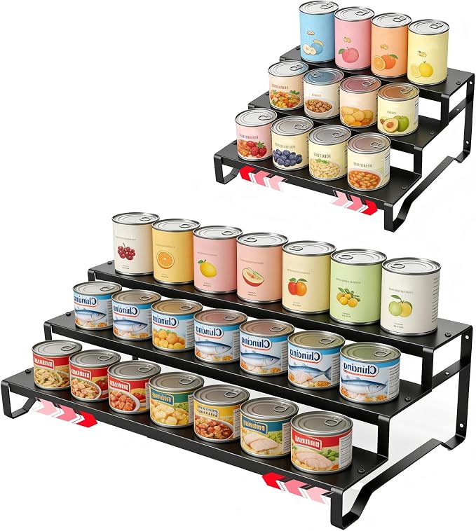 Expandable Can Organizer for Pantry, 3 Tier Metal Canned Food Storage | 13"-21" Adjustable Length, Tiered Reversible Shelf Design, Large-Capacity Storage for Pantry Kitchen Cabinets & Countertops