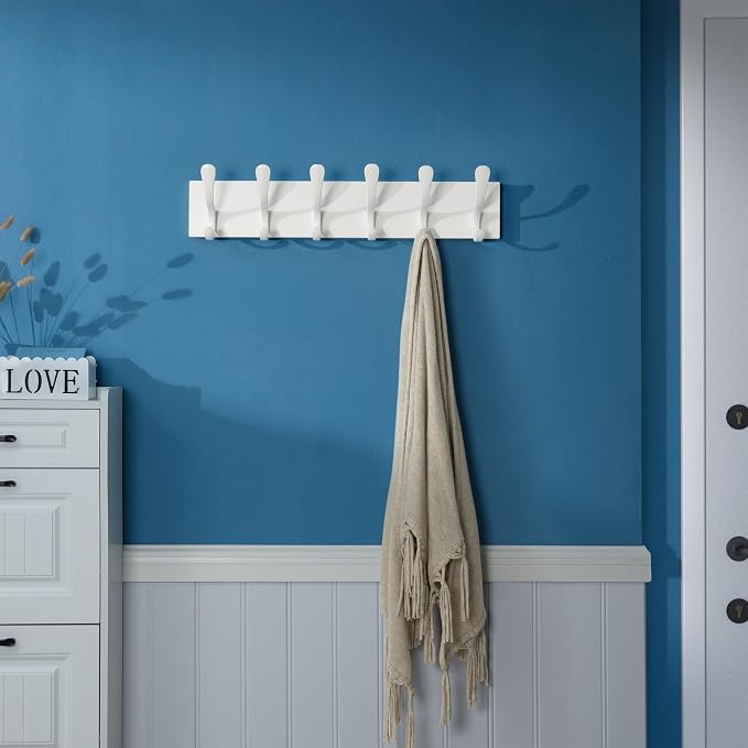 SKOLOO Wall Mount Coat Rack - White Wooden Wall Coat Hooks, Pack of 2, 6 Hooks for Coats, Hats, Clothing, Scarves