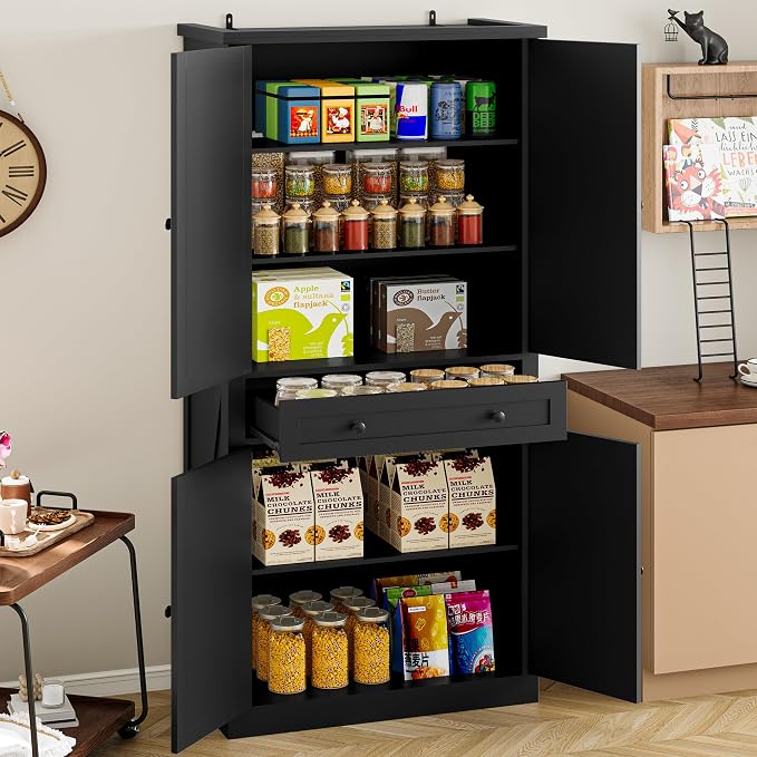 BORNOON Pantry Organizers and Storage Cabinet, 67.7” Barn Door White Kitchen Cabinet with Drawers and Adjustable Shelf, Tall Pantry for Kitchen, Dining Room, Living Room