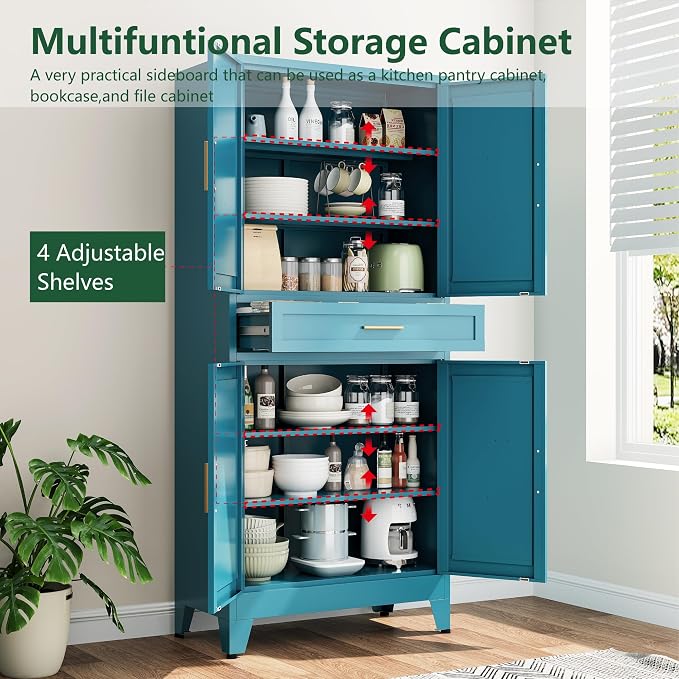 Bevivog 71" Kitchen Pantry Cabinet, Metal Storage Cabinet with Drawer, 2 Doors and 4 Adjustable Shelves Cabinet for Home Office Laundry Living Room Farmhouse Blue Metal Pantry