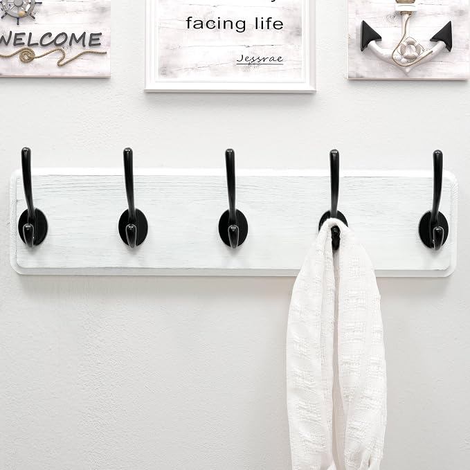 Coat Rack Wall: Patented, Heavy-Duty, 5-Double-Hooks Wooden Wall Mounted Coat Rack Coat Hanger Hook Rail for Winter Coats Hat Jacket Clothing, White & Black, Pack of 2