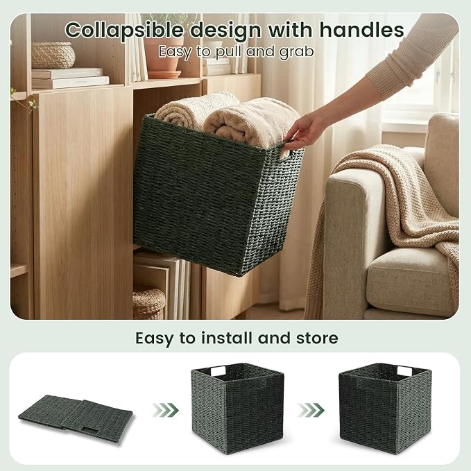 Set of 2 Hand-Woven Paper Rope Wicker Baskets, Storage Basket, Foldable Cube Storage Bins, Green Storage Cubes, Square Baskets for Organizing Shelves, 12x12x12in