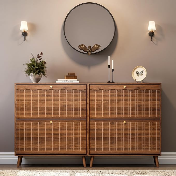 Nicetree Slim Shoe Cabinet for Entryway, 9.5" Narrow Shoe Storage Cabinet with Architectural Arched Fluted Front, Entryway Shoe Storage with Adjustable Shelves, Mid-Century Walnut