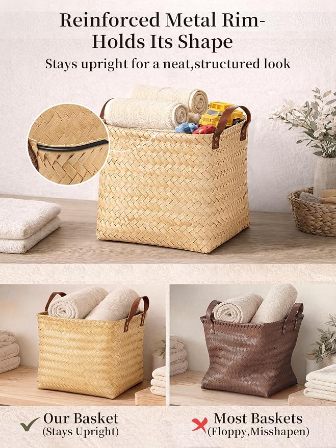 Wicker Storage Baskets, 4 Pack Woven Baskets for Shelves, Yellow | PP Rattan, Water-resistant Wicker Basket, Large Baskets with Faux Leather Handles for Blanket, Laundry Organizer, Room Decor