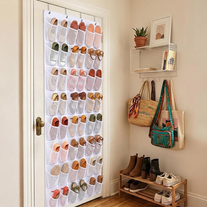 48 Pockets Over The Door Shoe Organizer, Large Mesh Hanging Shoe Rack, 6-Column Heavy Duty Shoe Storage for Sneakers and Heels, Behind Door Holder for Entryway Bedroom Dorm College, White