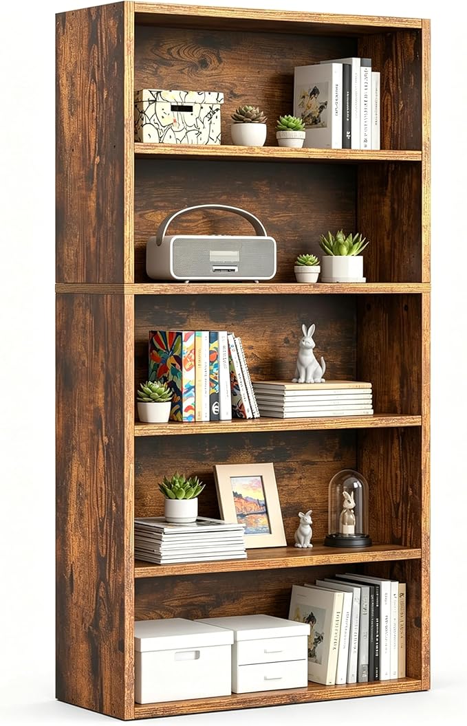 HealSmart 5 Tier Bookcase, Industrial 5 Book Shelf, 9.2" D x 23.8" W x 53" H Tall Open Cube Storage Organizer for Home Office, Living Room, Bedroom and Dinning Room, Brown