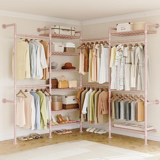 ONBRILL L4 Wall Mounted Industrial Pipe Clothing Rack, Closet Organizer System with 6 Hanging Clothes Rods ( 4 Expandable Rods) & 8 Shelves, Heavy Duty Corner Garment Rack, Large Wardrobe - Pink