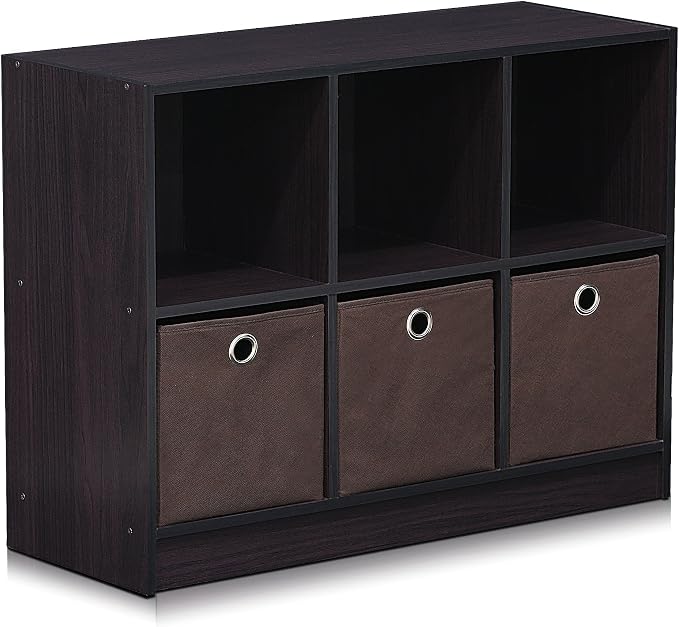 6-Cube Bookshelf with Storage Bins, Cube Bookcase, Book Shelf with Storage Bins, 11.9 x 31.6 x 23.6, for Living Room, Home Office, Dark Walnut
