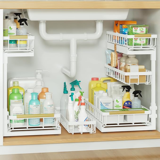 Under Sink Organizer and Storage 3 Tier Cabinet Pull Out Shelf Organizers | 2 Pack 3 Tier under sink storage for Bathroom and Kitchen Slide Out Drawer Organization for Home Cabinets Shelves and Drawers