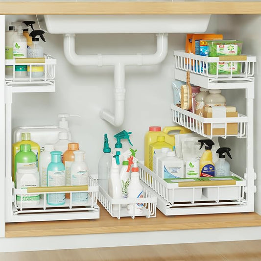 Under Sink Organizer and Storage 3 Tier Cabinet Pull Out Shelf Organizers | 2 Pack 3 Tier under sink storage for Bathroom and Kitchen Slide Out Drawer Organization for Home Cabinets Shelves and Drawers