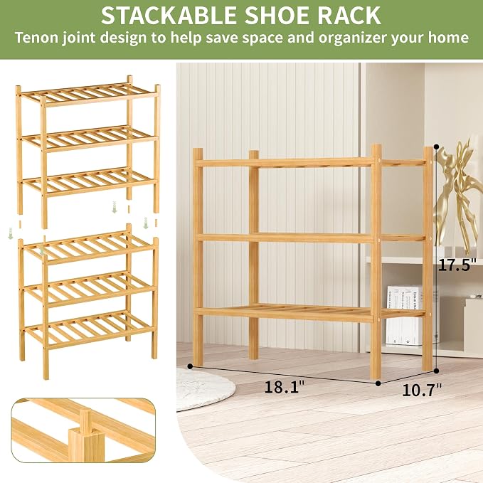 ROMGUAR CRAFT 3-Tier Bamboo Small Shoe Rack, Free Standing Wood Shoe Shelf Storage Organizer for Closet Entryway Stackable (Natural)