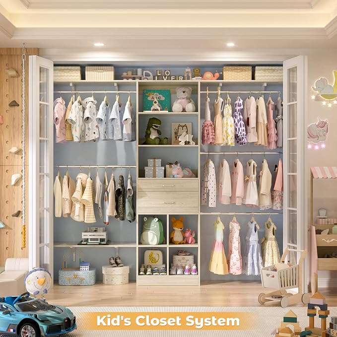 Besiost Closet System - 5-8FT Closet Organizer System with Wooden Drawers & Cube Storage Organizer, Up To 96" Closet Systems for Nursery & Walk-In Closets with Cuttable Hanging Shelving, Greige Oak