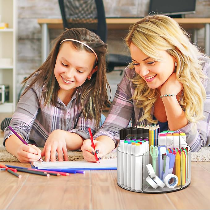 250pcs Acrylic Pencil Holder Marker Organizer, 360-Degree Rotating Pen Holder, Crayon Organizers for Kids Pencil Organizer Caddy Art Supply Lazy Susan Organizer for Desk Home School Office