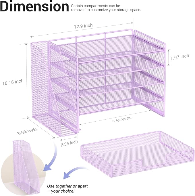 OPNICE Desk Organizer, 5-Tier Desktop File Organizer with Drawer and Pen Holders, Office Desk Accessories, File Sorters, Workspace Organizers for Office Supplies(Purple)