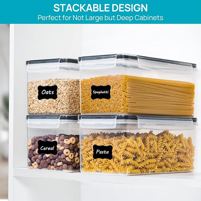Vtopmart Pasta Storage Containers, 4 Pack, 3.2L Airtight Canisters | Horizonta Storage Design, Easy Access, Airtight BPA-Free Containers, Reusable Labels & Measuring Cups Included