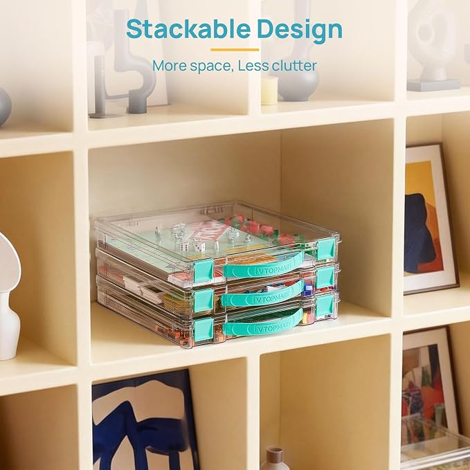 Vtopmart 6 Pack Board Game Storage with Handle and Snap-Tight Latch Lid | Clear Craft Organizer Fit 12" x 12" Papers, Stackable Storage Box for Scrapbook Storage, Art Supply Storage, Puzzle Storage