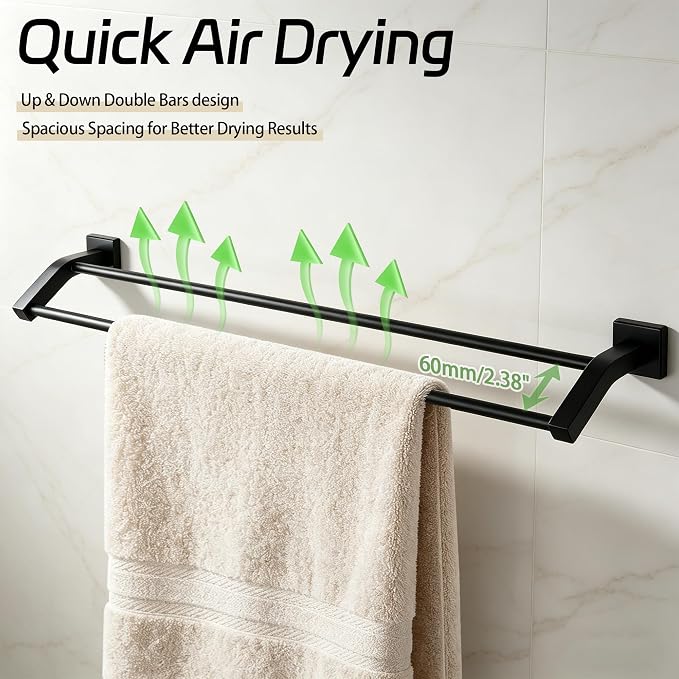 Alise Double Towel Bar,24" Towel Rack for Bathroom Wall Mounted,Matte Black | SUS304 Stainless Steel Bathroom Towel Holder, Quick Drying Towel Hanger Towel Rod, Useable Length 22.9"