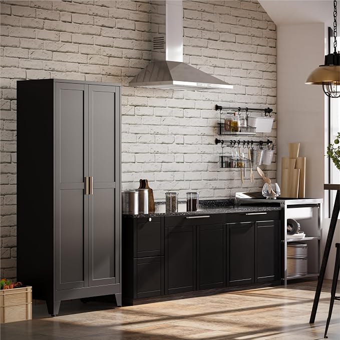 Bevivog Metal Kitchen Pantry Cupboard Cabinet, 71" Black Utility Storage Cabinets with 2 Doors and 4 Adjustable Shelves for Kitchen/Home Office/Dining Room/Living Room