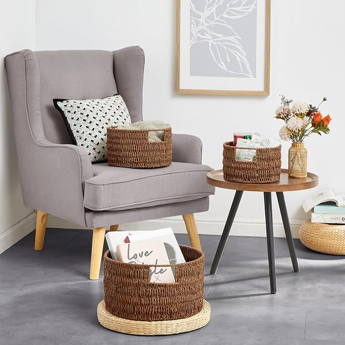 Wicker Storage Basket, Hand-Woven Paper Rope Large Round Woven Basket With Handles, Wicker Baskets for Organizing/Storage, Brown, 3-Pack