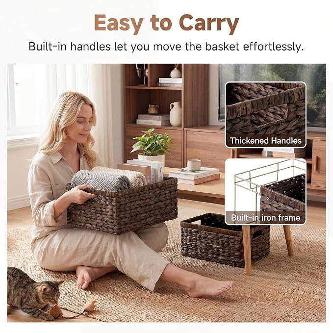 StorageWorks Large Wicker Baskets for Storage, Water Hyacinth Storage Baskets for Organizing, Wicker Storage Baskets for Shelves, Brown, Large & Medium, 2-Pack