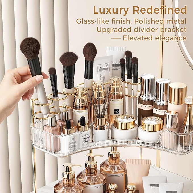 BEFSOP Corner Bathroom Counter Organizer, Upgraded 3-Tier Makeup Organizer Countertop with Makeup Brush Holder, Skincare Exquisite Vanity Organizers Countertop Bathroom Storage Dresser(CLEAR)