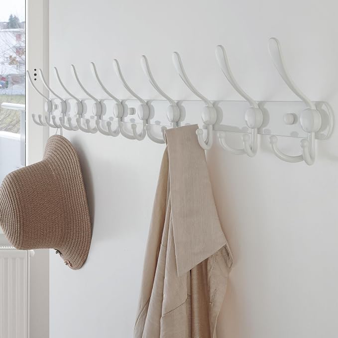 Dseap Coat Rack Wall Mount - 38” Long 10-Tri-Hooks Heavy Duty Coat Hanger Rail Wall Hooks for Hanging Coats Hats Clothing Clothes Purse Mudroom Entryway, White, Pack of 2