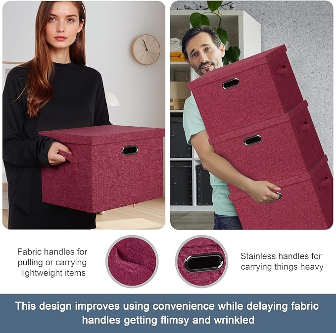 Storage Bins with Lids Fabric Closet Organizers Cubes Office Organization | 36 Quart 3 Pack Bright Red Collapsible Stackable Linen Fabric 4 Handles Bedroom Closet Cabinet Under Bed Clothes Toy Office