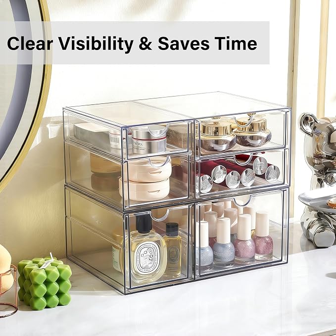 Prsildan Acrylic Makeup Organizer Clear Storage Drawer with 6 Small Drawers | Transparent, Vanity Organizers, For Bathroom Kitchen Cabinet Office Desk Under Sink, Set of 2