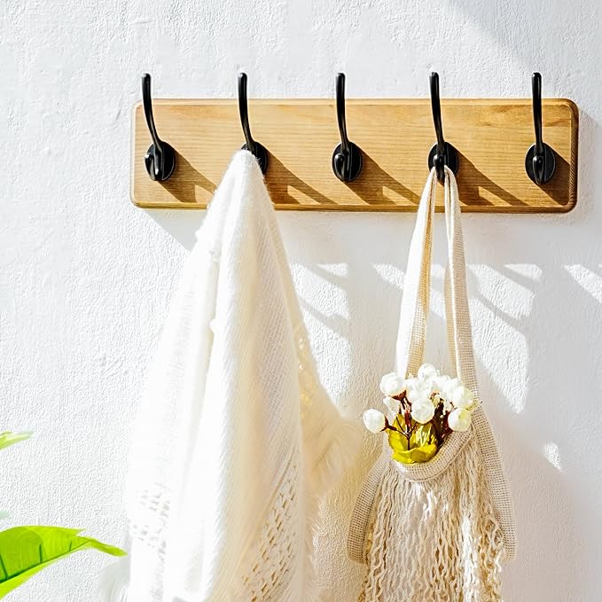 Coat Rack Wall: Patented, Heavy-Duty, 17.4" Long 5-Double-Hooks Wooden Wall Mounted Coat Rack Coat Hanger Hook Rail for Winter Coats Hat Jacket Clothing, Weathered Brown