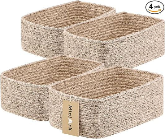 MiniArk Small Storage Baskets for Organizing | Closet Organizer Bins | Shelf Toy Basket | Woven Rope Baskets | Cube Decorative Box | Shallow Basket | 11.5x7.5x4.7” | 4 Packs Mixed Brown