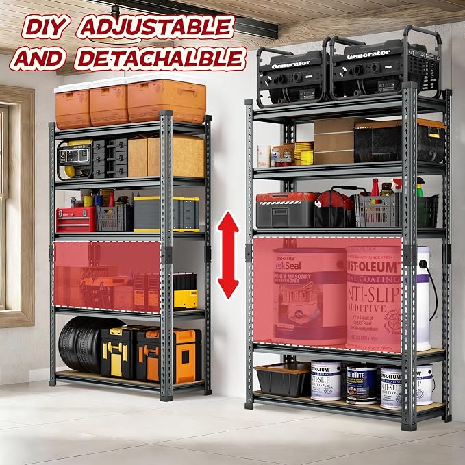 Garage Storage Shelves 46" W x 20" D x 72" H, 3000 LBS Heavy Duty Shelving Unit 5-Tier Adjustable, Extra Wide Boltless Metal Storage Rack for Garage Warehouse Basement