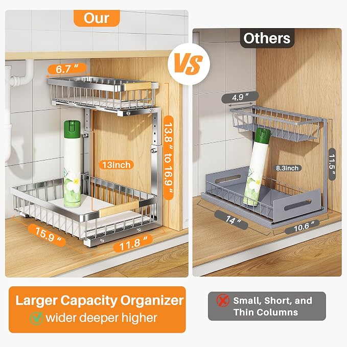 PXRACK Under Sink Organizer, Adjustable Height, 2 Tier Pull Out Cabinet Organizer, Slide Out Thickened Metal Storage for Kitchen Bathroom Laundry Pantry Cabinet, Stainless Steel, Silver, Large-1-Pack