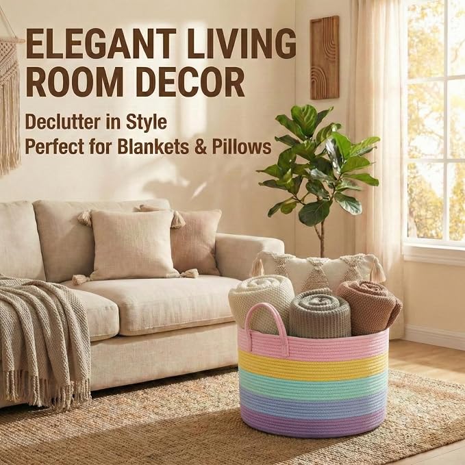 JMvicyroam 115L Extra Large Machine Washable Cotton Rope Blanket Basket | Collapsible laundry hamper, Reinforced handles, For blankets, pillows, toys and clothes, Living room and bedroom, Rainbow