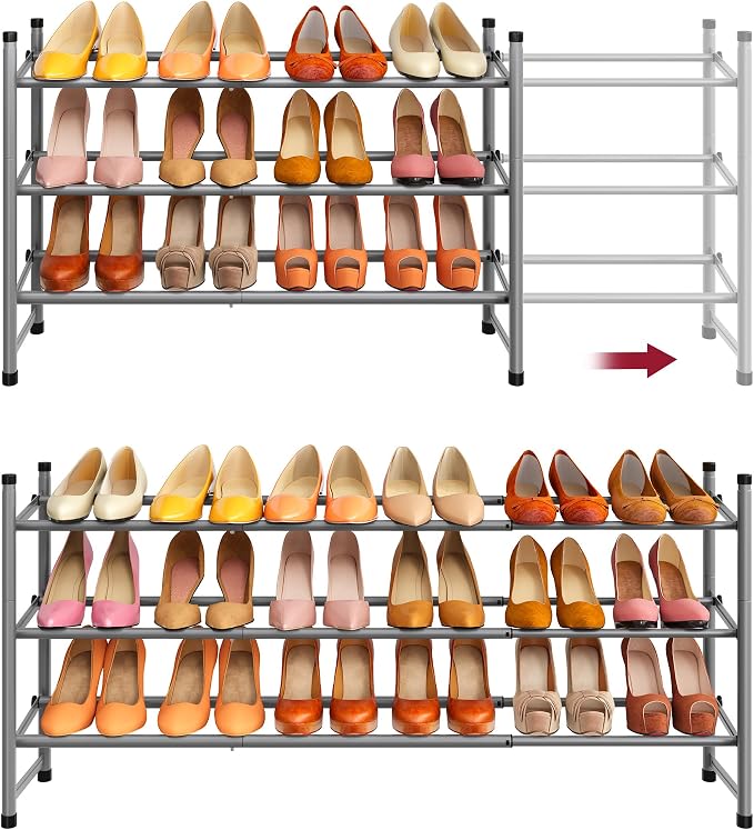 Expandable Shoe Rack for Closet 3 Tier, 28“-41“Stackable, Grey | Adjustable Shoe Organizer Closet Shoe Rack Floor, Metal Shoe Shelf Storage for Entryway, Closet, Garage, Front Door Entrance