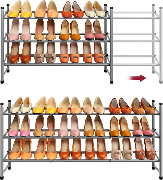 Expandable Shoe Rack for Closet 3 Tier, 28“-41“Stackable, Grey | Adjustable Shoe Organizer Closet Shoe Rack Floor, Metal Shoe Shelf Storage for Entryway, Closet, Garage, Front Door Entrance