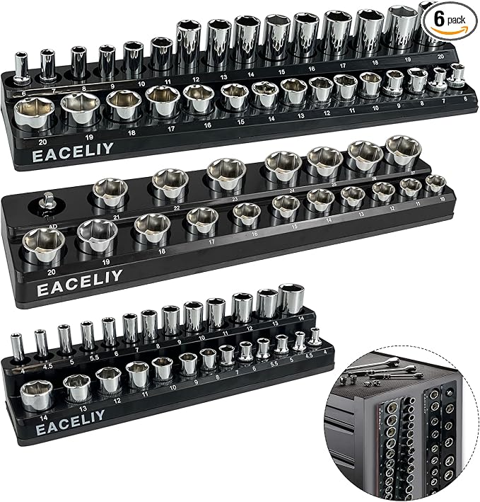 EACELIY Magnetic Socket Organizer Set,Metric Socket Holder Kit, Socket Trays，holds 75 Deep and Shallow 3/8" Sockets(sockets not included) 丨3Pcs 1/2", 1/4" and 3/8" （Black）