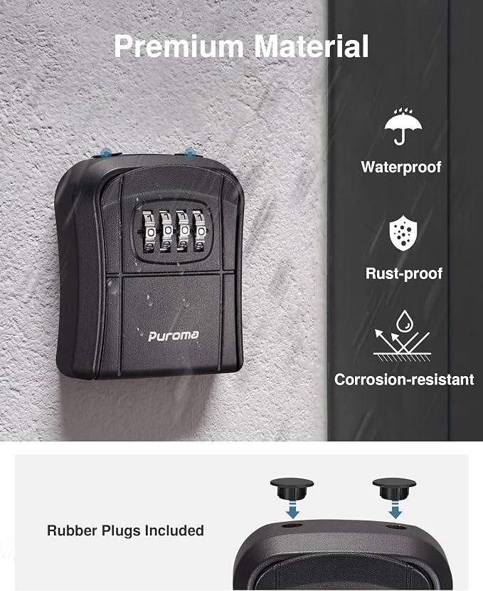 Puroma Key Lock Box, Portable Combination Lockbox Wall-Mounted Storage for House Keys, Resettable Code Safe Security Lock Box for Home, Office, Apartment Spare Key Storage (4 Pack, Pure Black)