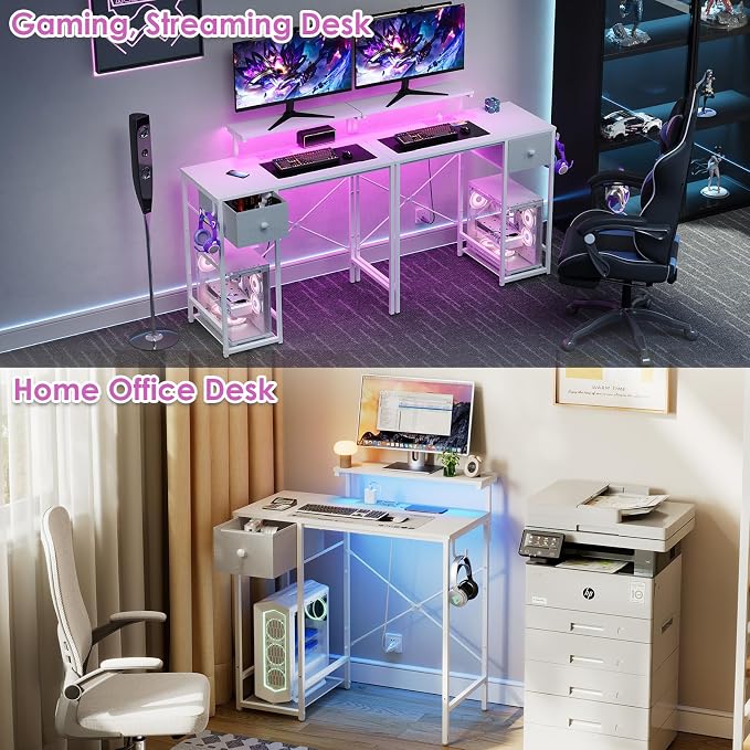 X-cosrack 33.5" Small Computer Desk with Monitor Stand & Outlets, Small Gaming Desk with LED Light & CPU Stand, Teen Study Writing Table with Storage Drawer, Side Hooks for Bedroom, Home Office White