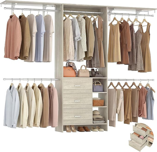 Aheaplus Closet System - 8FT Organizer with 3 Wooden Drawers, Fits 5.3-9 ft Walk-in Closet, White Oak