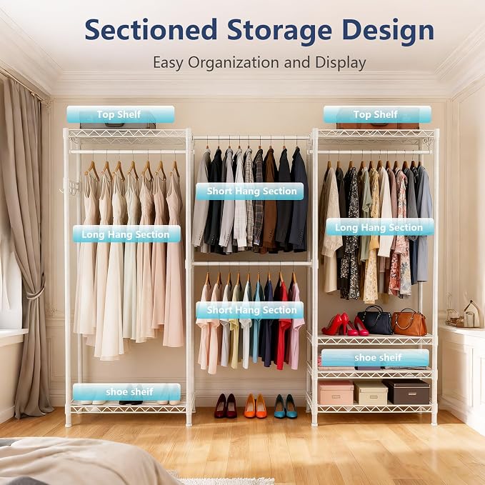 Heavy Duty Clothing Rack with Adjustable Shelves Clothes Wardrobe | Coat Rack Metal Closet Organizer and Storage Garment Rack for Hanging Clothes Wire Portable Cloth System Free Standing White